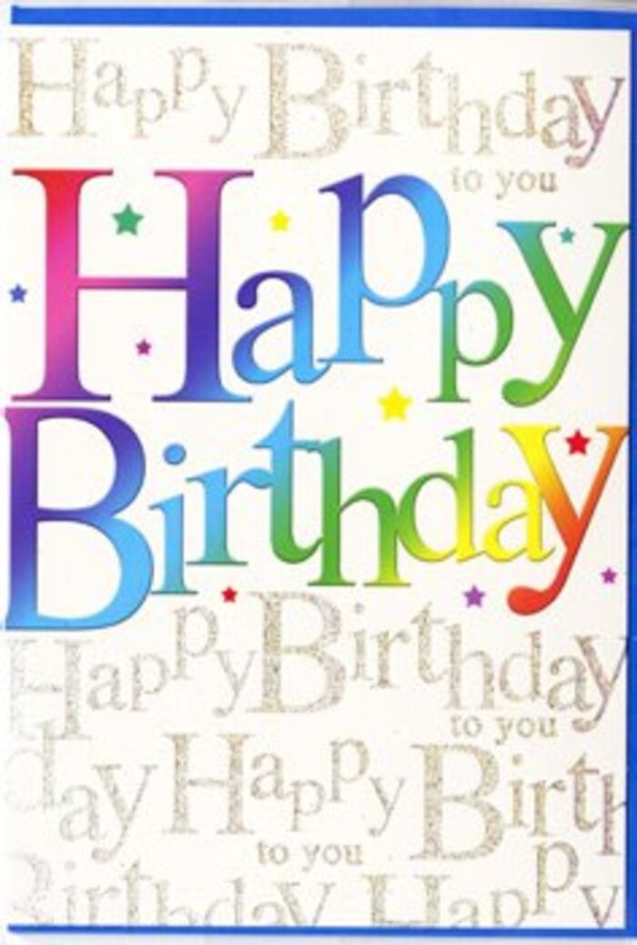 This image features a beautifully designed birthday card that seems to carry the atmosphere of a festive afternoon along the streets of Enfield Wash. The central focus is the large Happy Birthday message printed in generous, playful letters that arc softly across the front. Each character is drenched in colour, yet the tones blend so smoothly that the entire phrase reads like a painter's stroke of rainbow light. Beginning with rich cherry red and fuchsia, the spectrum drifts through glowing tangerine and warm gold, then moves into fresh leaf green, sea green, and bright sky blue before gently fading into indigo and deep violet. The edges of the letters are crisp, while the interiors show slight gradations of colour, giving them a rounded, almost cushiony appearance, like inflated party balloons floating above a table. Surrounding and behind this jubilant title is a calm, creamy backdrop, over which delicate gold script quietly repeats the words Happy Birthday to you. The cursive writing forms neat, parallel lines that stretch from one side of the card to the other, the loops and swirls of each letter resembling the fine spirals of curling ribbon we tie around birthday bouquets at Florist Enfield Wash. The gold ink has a soft metallic sheen, not glaring but gently reflective, adding depth and sophistication. Scattered intermittently between the statement letters and the script are tiny specks, dots and starbursts in coordinating rainbow shades, reminiscent of confetti caught in the air mid-toss during a celebration in a local community hall. The card's surface appears smooth and satiny, helping the colours look lush while maintaining an elegant finish. Altogether, the design feels both exuberant and thoughtfully composed, ideal to accompany a bright arrangement delivered to homes near Turkey Street or Ordnance Road, turning a birthday into a moment of colourful, heartfelt joy.