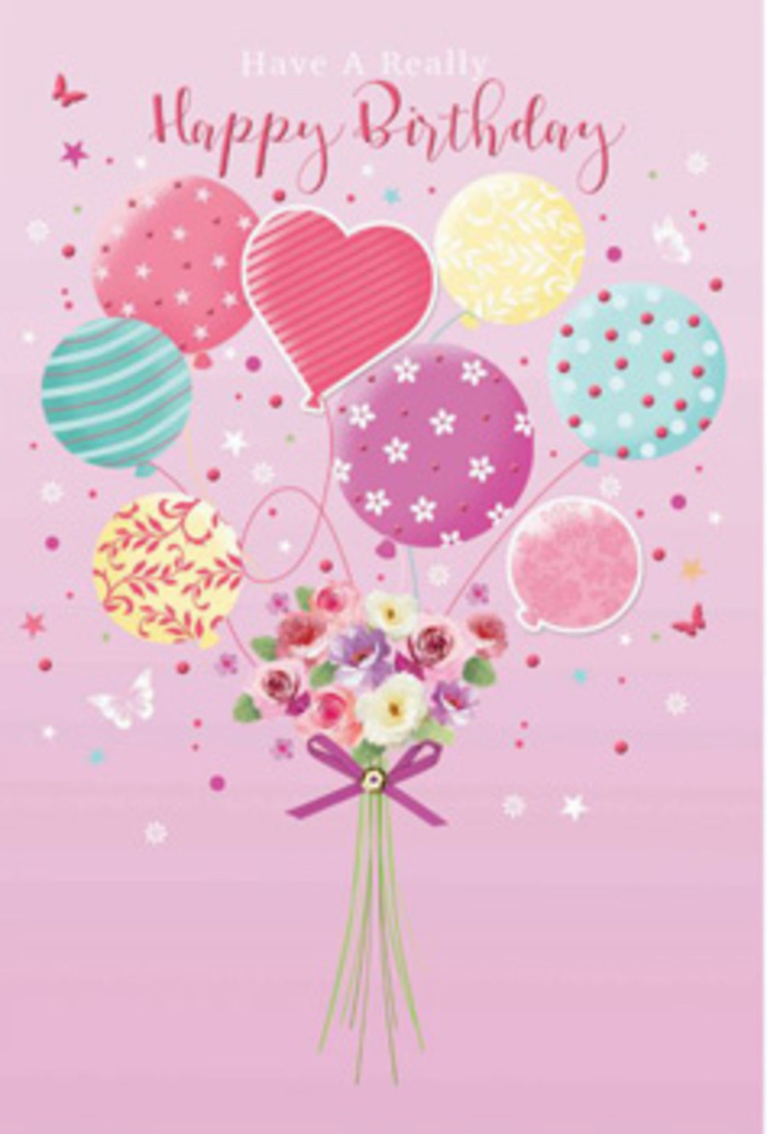 There is a gentle sense of joy in this birthday artwork, as if a small celebration has lifted from the streets of Enfield Wash and taken to the sky. The background glows in soft pink, providing a warm, playful stage for a cluster of pastel balloons that rise in the centre. Each balloon is shaded with care, blending tones of fuchsia blush, pale sunshine yellow, minty green, and lavender, with some displaying candy-striped curls of colour, others sprinkled in jaunty polka dots, and a few adorned with delicate flower motifs. Their surfaces appear slightly reflective, giving the impression of light bouncing off them like sunlight over Hertford Road after a rain shower. From this cluster emerges the suggestion of a bouquet being lifted upward: small roses and daisy-like flowers gathered together in a compact pose, their petals transitioning from creamy white to soft rose, with hints of mauve and pink. The blooms look velvety, each layer of petals resting gently atop the next, as if freshly arranged by a skilled florist's hands. A purple bow, rich and satiny, cinches the imaginary stems, adding a sparkling focal point at the base. Around the scene, tiny butterflies and star-like flecks hover, hinting at movement and a touch of daydream fantasy. Even as a flat illustration, you can almost sense the fresh, sweet fragrance of birthday flowers and the light flutter of ribbons. The overall mood is lovingly celebratory, ideal for a birthday card meant to make someone in Enfield Wash feel cherished, whether they're celebrating at home or gathering with friends nearby.