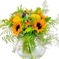 There is an exuberant, sun-kissed quality to this Enfield Wash bouquet-an arrangement of golden sunflowers and radiant yellow roses that seem to gather the light of the day itself. The sunflowers, with their bold, dark centers and jubilant yellow petals, stand as the bouquet's core, a nod to the abundant blooms spotted in local gardens along Ordnance Road. Woven with them, garden roses spiral into pillowy, buttery blooms, their elegant form balanced by cascades of feathery green fern. Hypericum berries in gleaming red burst playfully among the yellows and greens, adding spirited focus and an uplifting contrast reminiscent of childhood days spent in nearby Jubilee Park. Fine, airy strands of goldenrod and slender green filler echo the wild grasses and delicate textures of Enfield Wash's open spaces, while patches of silver-blue eucalyptus cool the palette and awaken the senses. All are gathered with grace in a rounded glass vase, its clarity offering a view of lively stems and shimmering water, reinforcing the bouquet's freshness and authenticity. Perfect to mark a birthday, anniversary, or simply to bring the brightness of Enfield Wash's nature inside, this floral display is a heartfelt tribute to the community's vibrancy and the care of its local florists.