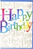 The card shown in the image radiates a sense of unfiltered birthday cheer, much like the happy bustle around Enfield Wash when families gather to celebrate. Taking centre stage across the front is the bold inscription Happy Birthday, rendered in large, rounded letters that move in a gentle curve from left to right. Each letter is a different colour, yet they merge fluidly to form a continuous rainbow effect, shifting gradually from deep reds and pinks through lively oranges and glowing yellows, then into cool greens, aquas, and blues, finally settling into rich purples. The colour transitions are soft and velvety, giving the typography a dimensional, almost touchable quality, as though the letters had been carefully painted with layered brushstrokes. Behind this exuberant text stretches a pale, neutral background delicately overlaid with lines of golden cursive. The phrase Happy Birthday to you is repeated in neat, flowing script, its slim strokes twisting and looping like fine thread woven through fabric. The gold ink catches ambient light in a subtle shimmer similar to the way the sun reflects off passing cars on Hertford Road in the late afternoon. Tiny dots, stars and sprinkle-like flecks in matching rainbow hues are scattered around the main lettering, evoking the image of confetti scattered over a party table. The surface of the card appears smooth with a gentle sheen, allowing both the bright colours and the metallic script to stand out clearly. The overall impression is one of bright, heart-warming celebration, a design that would pair beautifully with a fresh birthday bouquet delivered anywhere across EN3, making the recipient in Enfield Wash feel truly seen, appreciated and ready to enjoy their special day.