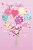 On this illustrated birthday card, a whimsical celebration rises gently against a rosy pink background, as though drifting above the rooftops of Enfield Wash. A bouquet of pastel balloons forms the focal point, their rounded shapes gathered closely together, each one painted in soft shades of pink, mint, lemon, and lilac. Some balloons twirl with candy-striped ribbons, others pop with cheerful polka dots, and one heart-shaped balloon at the centre radiates affection, its smooth surface softly highlighted. Slender ribbons fall from the cluster in curling threads, adding a sense of movement to the design. Anchored just below is a charming hand-tied bouquet, imagined as a collection of fresh roses and anemone-like blooms in ivory, blush pink, and gentle mauve. The petals appear feathery and layered, ruffling outward like real blooms carefully delivered from a local Enfield Wash florist. A violet satin bow embraces the stems, its glossy finish catching the same light that gleams over the balloons above. Around the arrangement, tiny stars and butterfly silhouettes are scattered, like confetti drifting through the air after a birthday song. Even without scent, the illustration conveys a feeling of soft fragrance and the hush of a special moment shared indoors while the world outside continues along Hertford Road. The composition feels light as a spring morning, airy, sweet, and perfectly festive, capturing the essence of a thoughtful birthday surprise meant to lift spirits and create an unforgettable, love-filled memory in Enfield Wash.